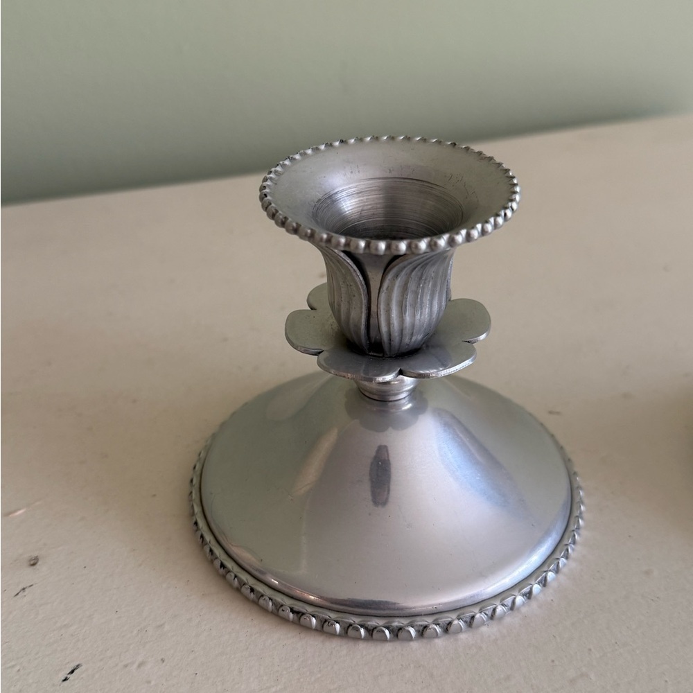 Vintage Aluminum Candlesticks/Farber Ware: Hammered Flower Design, Set of 2 - Picture 2 of 3